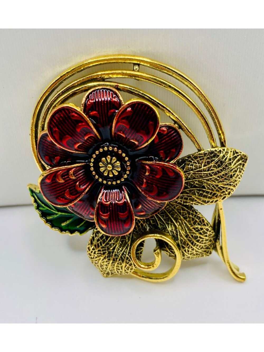 Gold-Tone Brooch Pin Red Enamel Flower & Green Leaf Design -96B